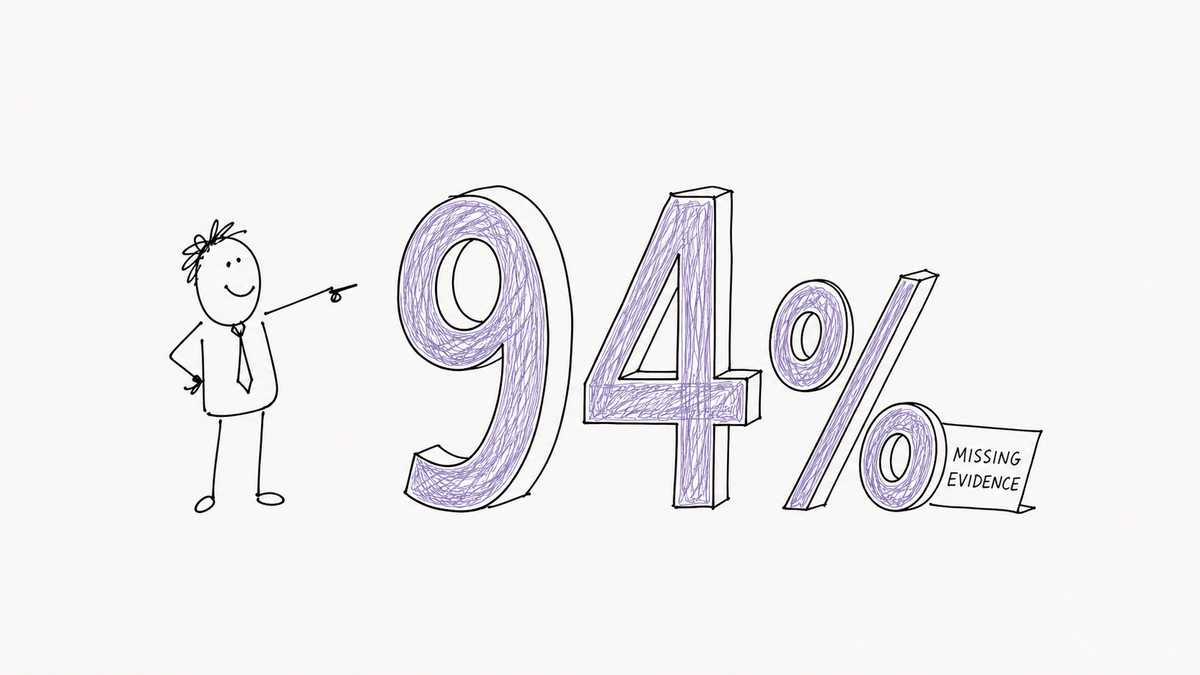 A sparse office cartoon showing a proud manager pointing at a huge 94 percent while a missing-evidence note goes unnoticed.
