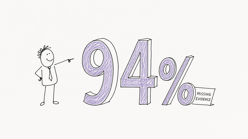 A sparse office cartoon showing a proud manager pointing at a huge 94 percent while a missing-evidence note goes unnoticed.
