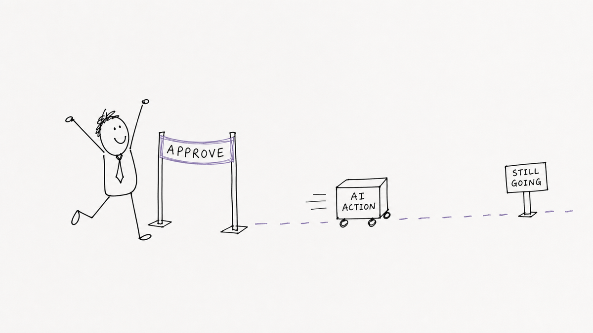 A sparse office cartoon showing a manager celebrating at an Approve finish line while an AI action keeps rolling towards a Still Going sign.