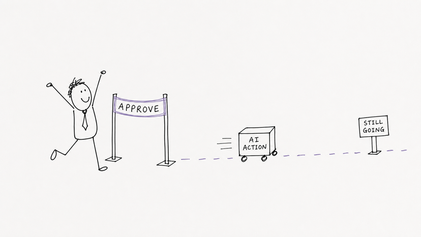 A sparse office cartoon showing a manager celebrating at an Approve finish line while an AI action keeps rolling towards a Still Going sign.