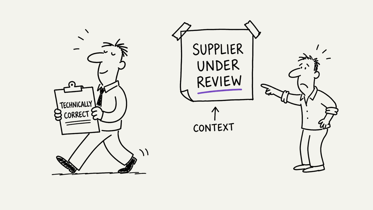 A confident AI agent carries a clipboard labelled 'technically correct' while walking past a large handwritten note saying 'supplier under review'.