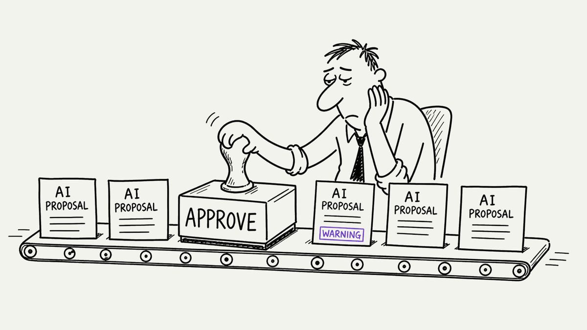 A tired operations manager beside a giant APPROVE rubber stamp while a queue of identical AI proposal cards slides past, one carrying a warning nobody is reading.