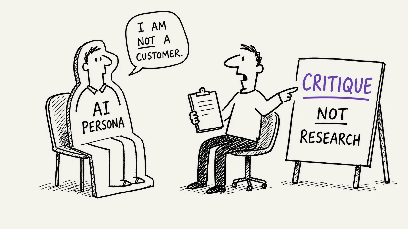 A cardboard cut-out labelled 'AI persona' sits beside a whiteboard labelled synthetic critique, while a real research chair is clearly marked 'actual evidence'.