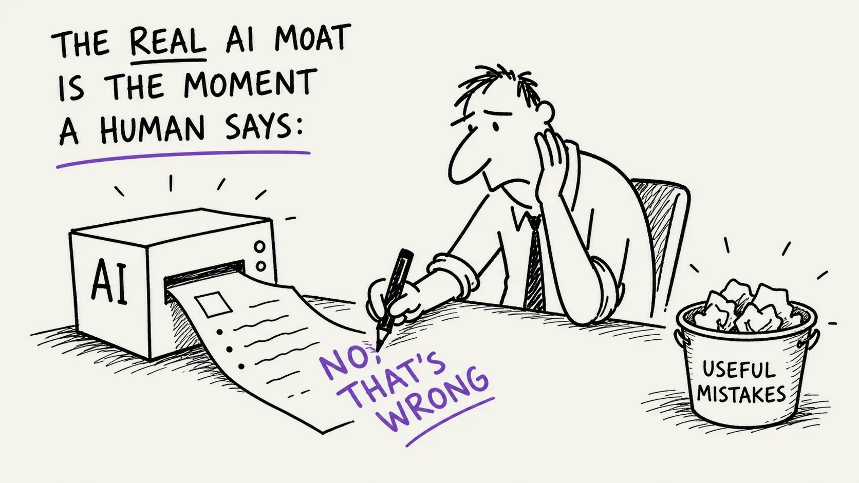 A human marks an AI output 'No, that's wrong' while that correction flows into a structured learning system labelled rules, evaluation, retrieval and future improvement.
