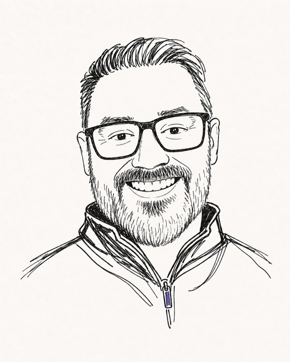Pen-and-ink line sketch portrait of Tony Key