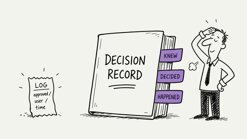 A tiny log entry labelled 'approved, user, time' beside a chunky decision record folder with three tabs: what they knew, what they decided, what happened.